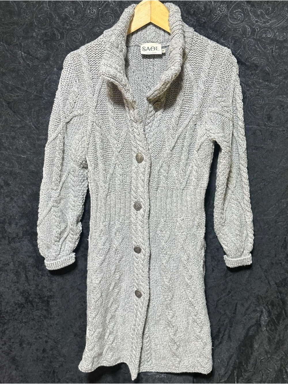 NWOT! Long Flared Cable-Knit Button-Front Cardigan Sweater Light Gray S